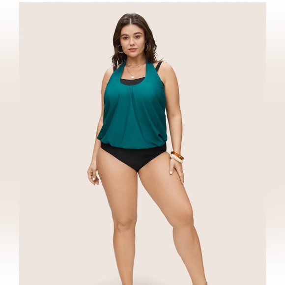 BloomChic Plus Size Contrast Halter Bowknot Patchwork One Piece Swimsuit - Picture 4 of 7